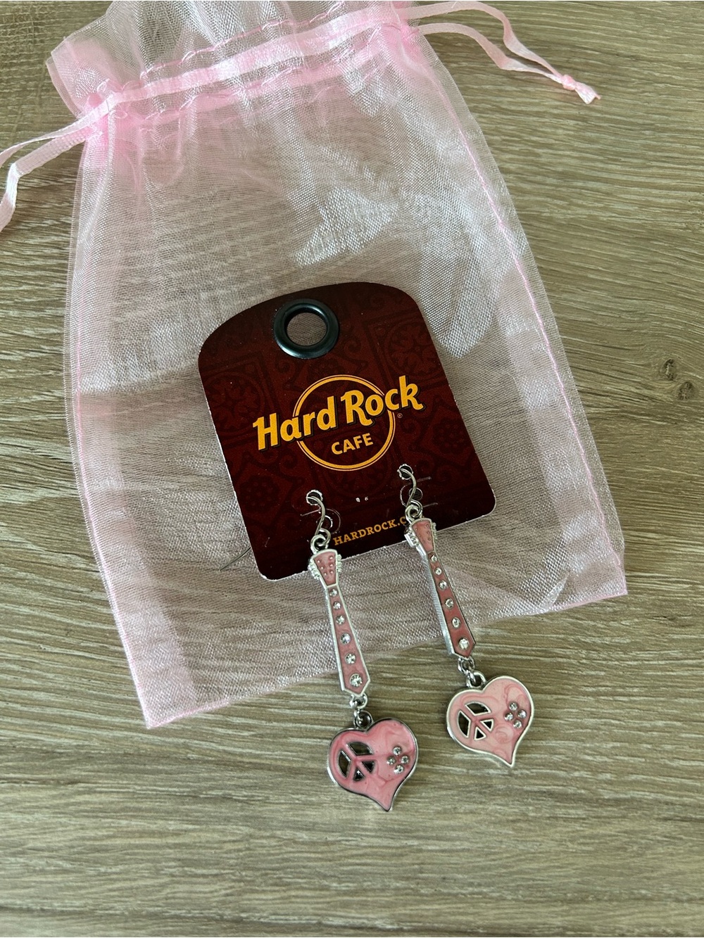HARD ROCK CAFE Pink Heart Peace Sign Drop Earrings
